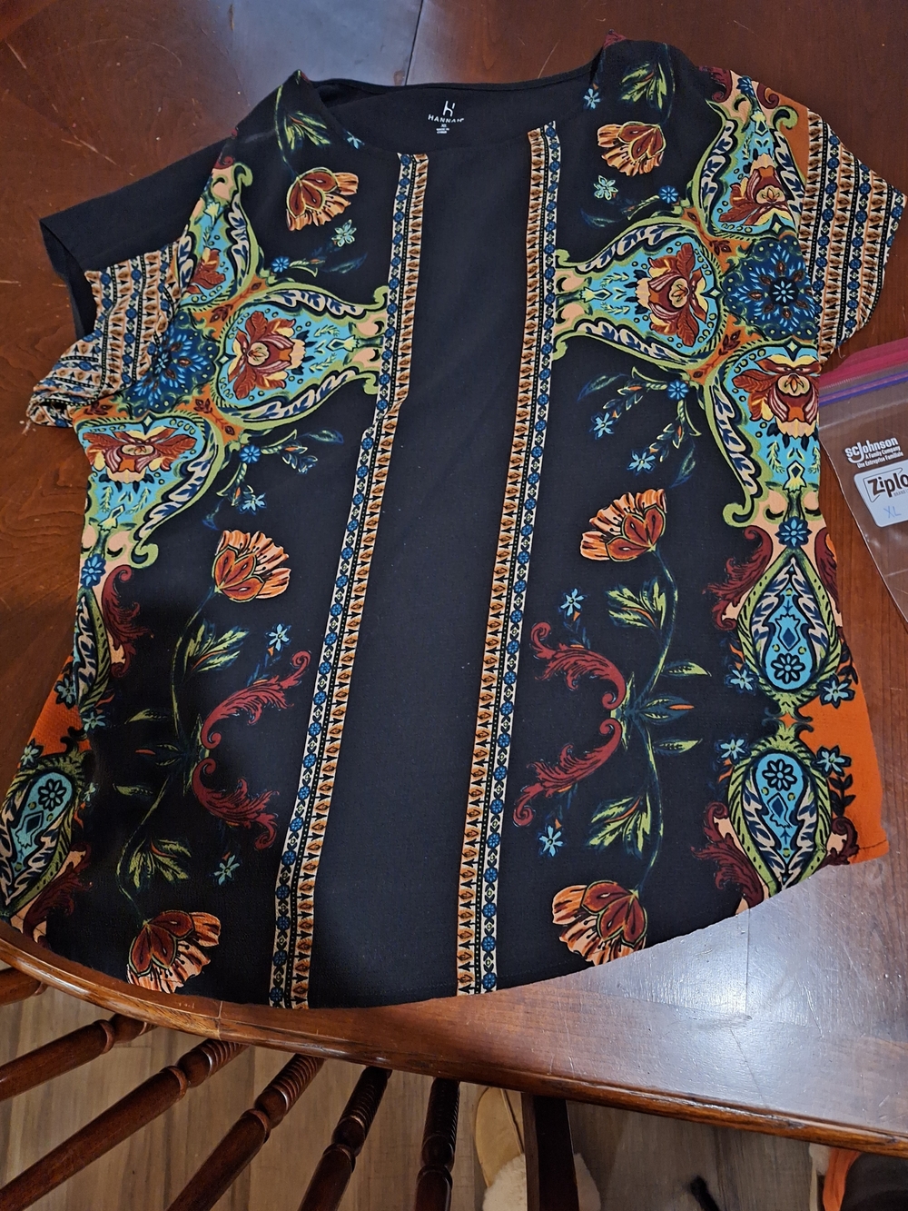 Hannah Black Floral Paisley Short Sleeve Top with Multicolor Accents
